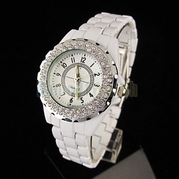 Fashion Pure White Crystal Inlaid Plastic Men Wrist Watch(NB