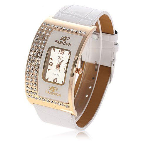 Exquisite Leather Band Quartz Watch with Crystal Rhinestones